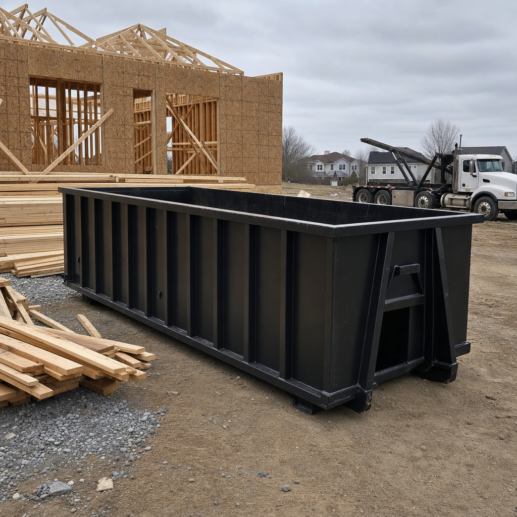 Matte-black 40-yard roll-off dumpster staged on a framed-out residential construction site in Carrollton, framing lumber stacked nearby, hooklift delivery truck visible in the background under bright Colorado daylight