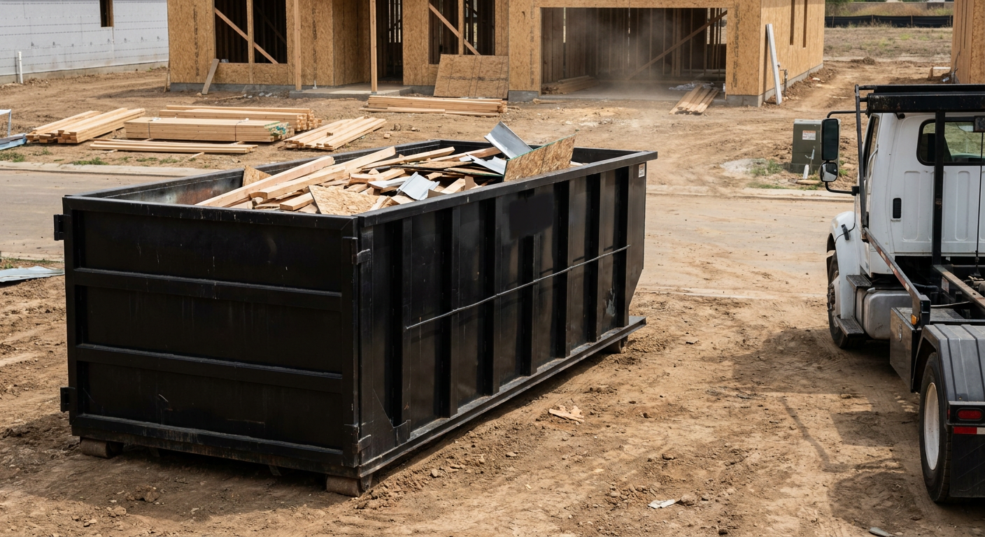 Matte-black 20-yard roll-off construction dumpster with heavy ribbed steel sidewalls and swing rear doors at a working jobsite in Carrollton, sitting directly on compacted dirt with an unmarked white hauler partially visible at the far edge of the frame.