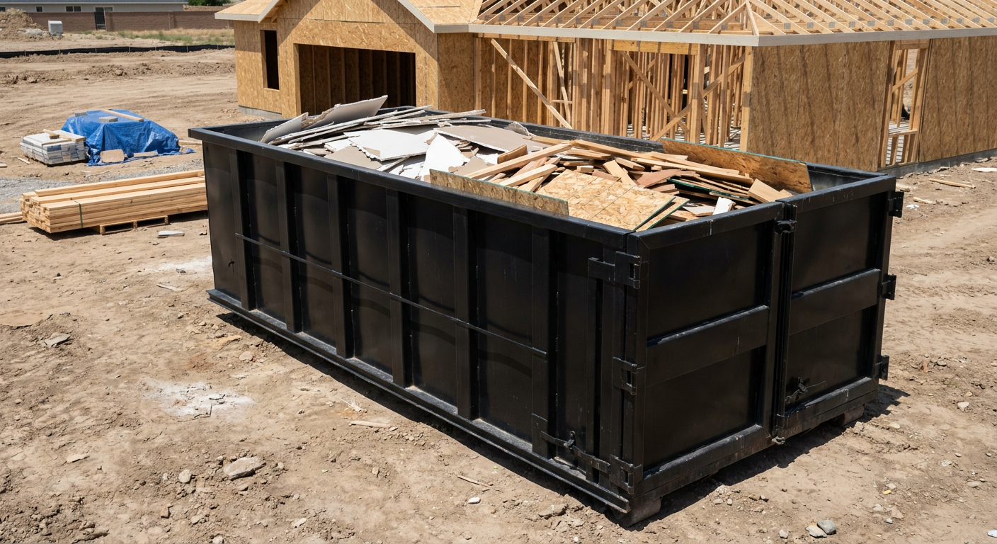 Matte-black 30-yard roll-off construction dumpster sitting directly on the compacted-dirt site of a framed single-family home build in Carrollton, drywall and lumber scrap loaded inside.