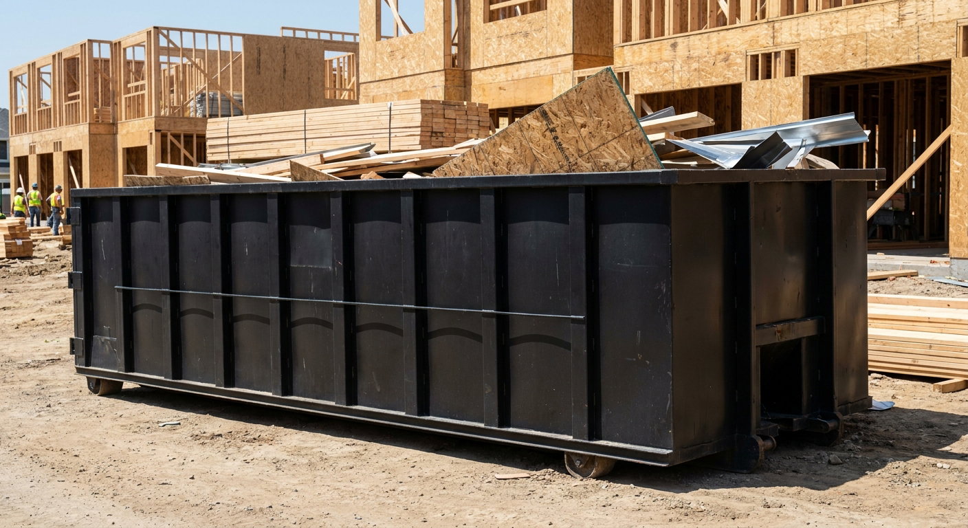 Matte-black 40-yard roll-off construction dumpster being lowered from a white-cab hooklift delivery truck onto the compacted-dirt jobsite at a commercial build site in Carrollton