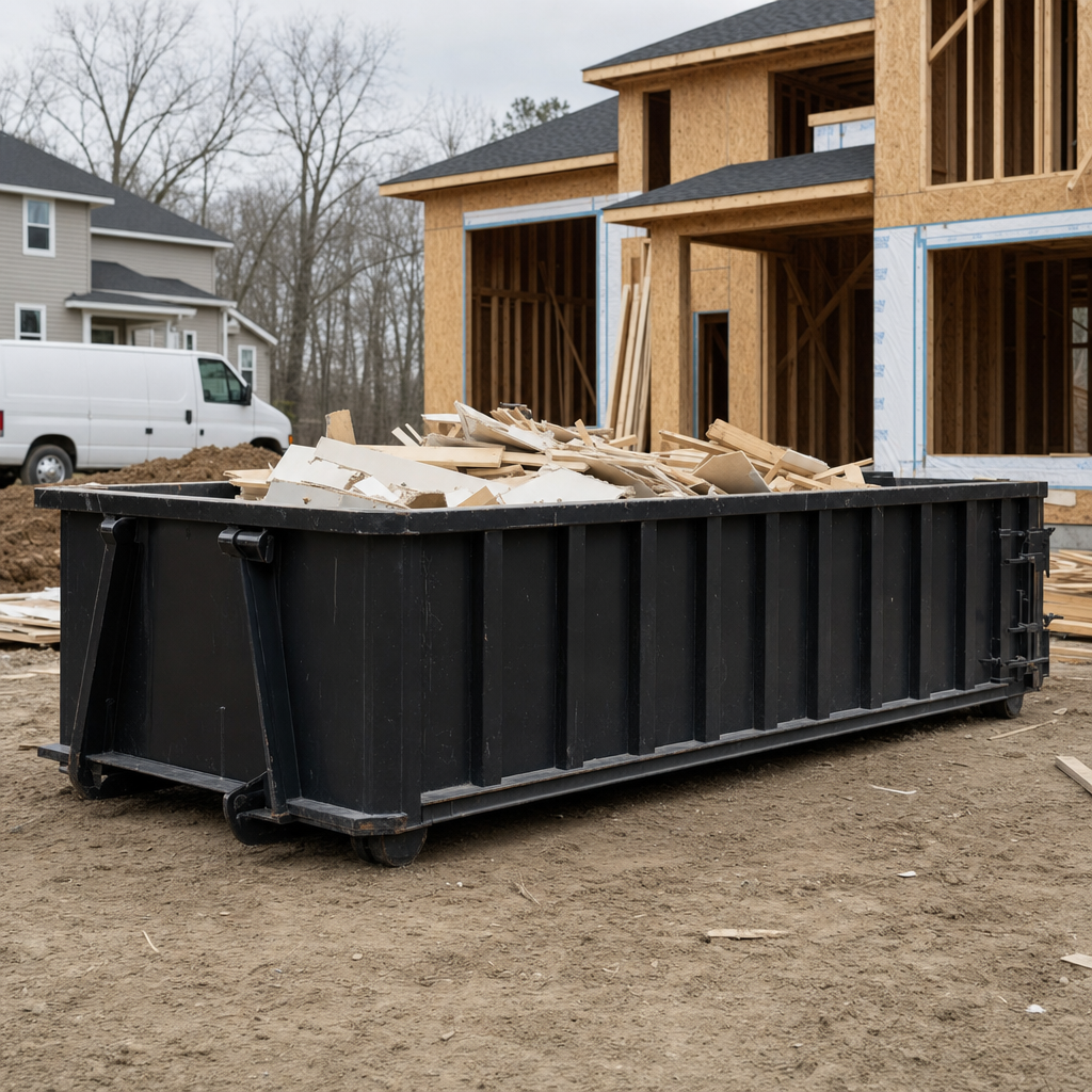 Worker in a yellow high-visibility vest tossing framing lumber and broken drywall into a matte-black 30-yard construction roll-off dumpster on an active build site in Carrollton, bright daylight