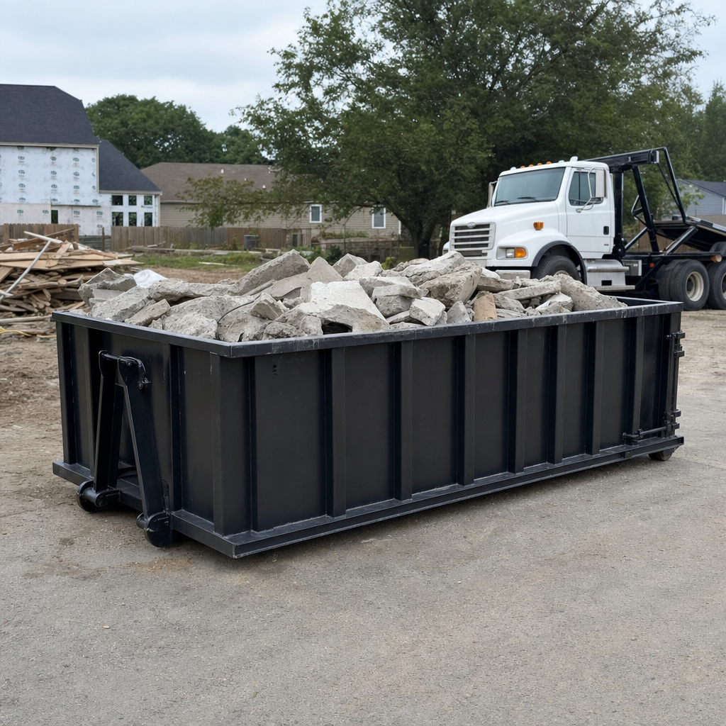 Low-profile matte-black lowboy roll-off dumpster loaded with broken concrete slab and rebar at a foundation tear-out in Carrollton, skid steer parked beside it, sunny Colorado morning