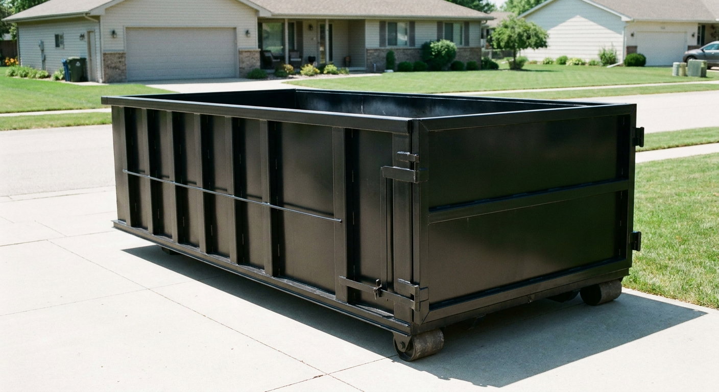 Matte-black 10-yard roll-off dumpster on a residential concrete driveway in Carrollton, uniformly painted matte black across every panel and rail, ribbed steel sidewalls and rear swing door visible, mid-day daylight.