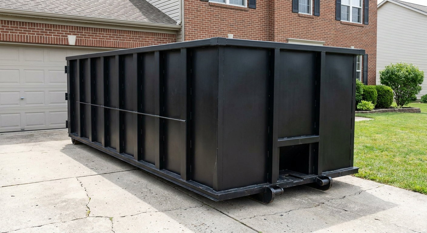 Matte-black 20-yard roll-off container on a Carrollton residential concrete driveway with reinforced ribbed steel sidewalls and a hinged rear walk-in door, clean bright daylight.