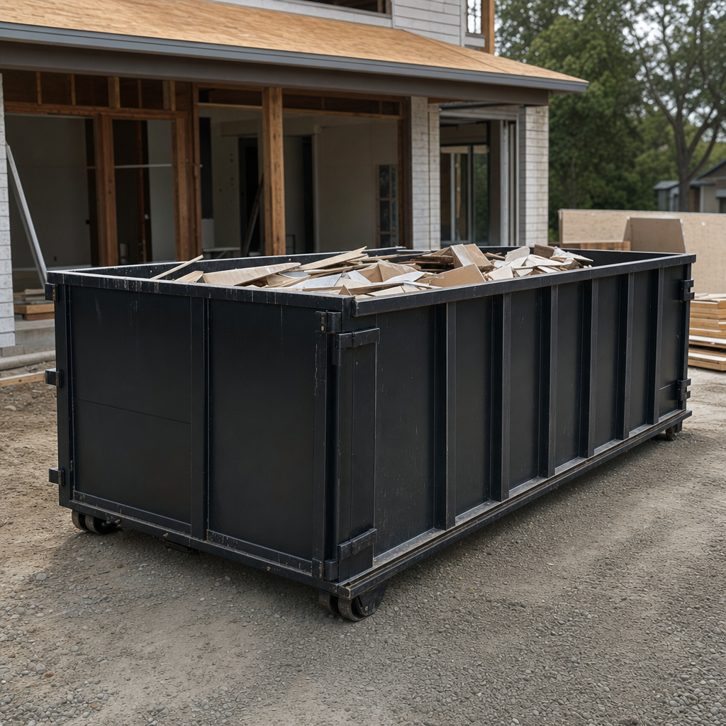 Large matte-black 30-yard construction roll-off dumpster at an active Carrollton jobsite, steel-gray top rails and bottom rollers visible, loaded with construction debris.