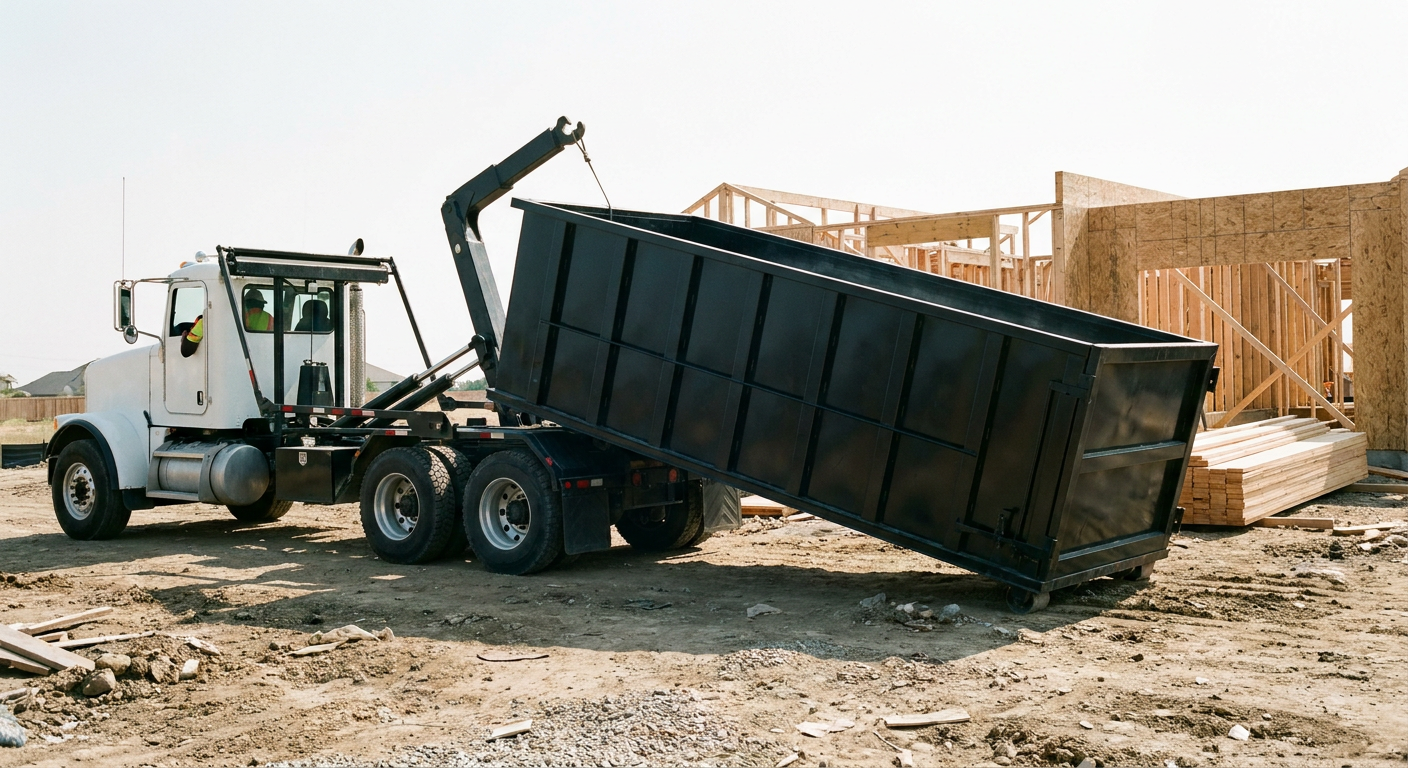 Matte-black roll-off dumpster being delivered onto a clean residential concrete driveway in Carrollton by an unmarked white hooklift hauler truck, bright morning daylight, documentary 35mm perspective.