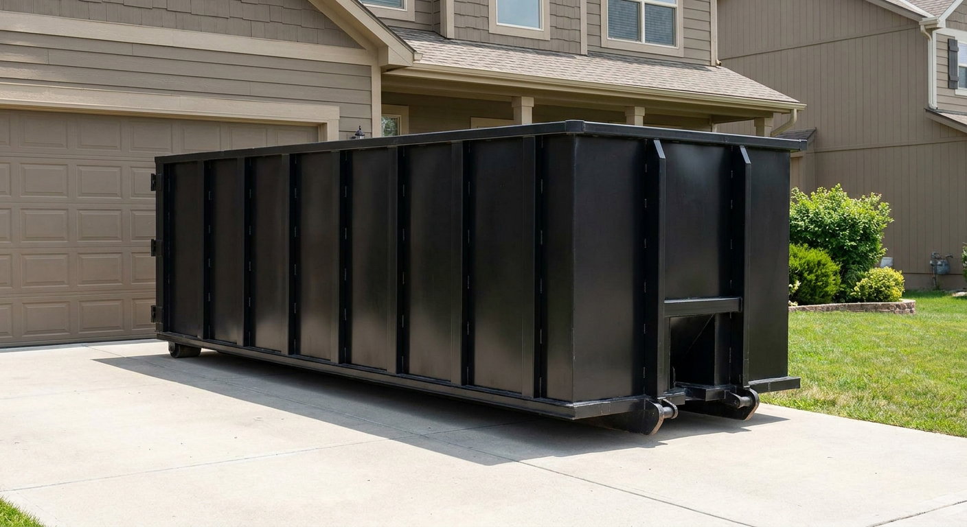 Matte-black residential roll-off dumpster sitting directly on a suburban Carrollton concrete driveway, garage door closed, single-family home in background, bright morning daylight.