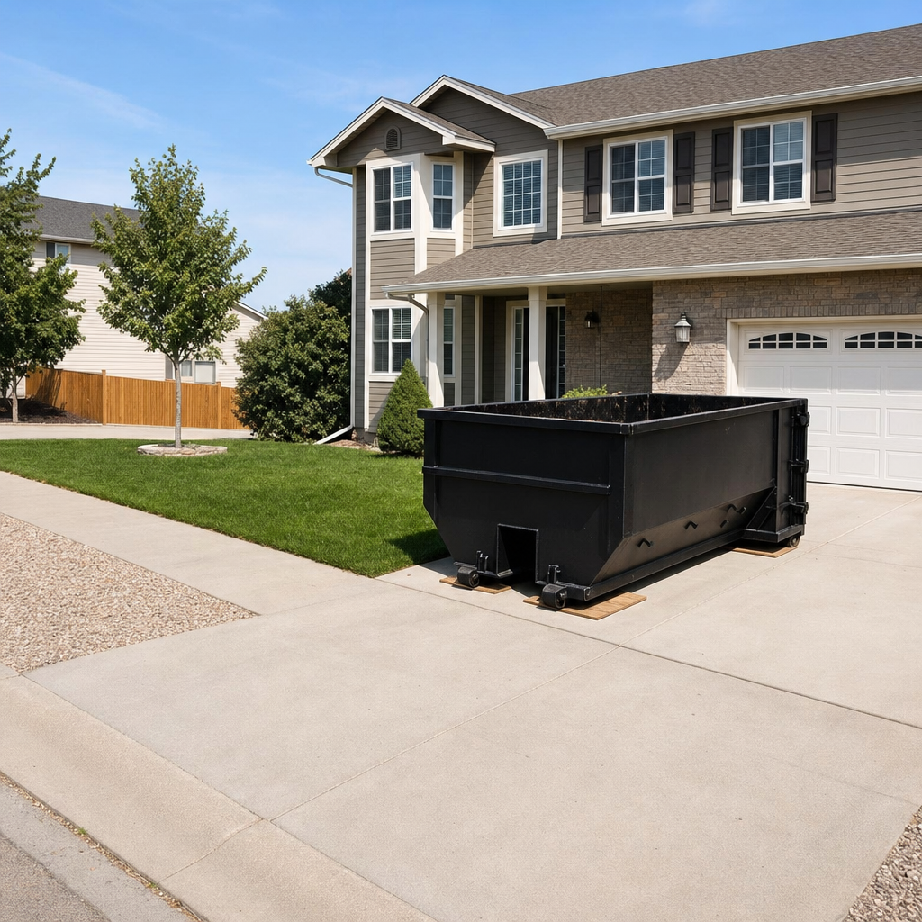 10-yard matte-black residential dumpster placed directly on a narrow Carrollton concrete driveway, room remains for a parked sedan beside it, mid-morning natural light