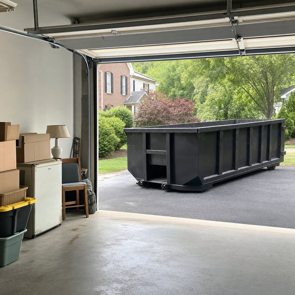 Open garage interior in a Carrollton home mid-cleanout — boxed items, an old appliance, and stacked yard tools queued near the driveway for a matte-black roll-off dumpster, organized and calm