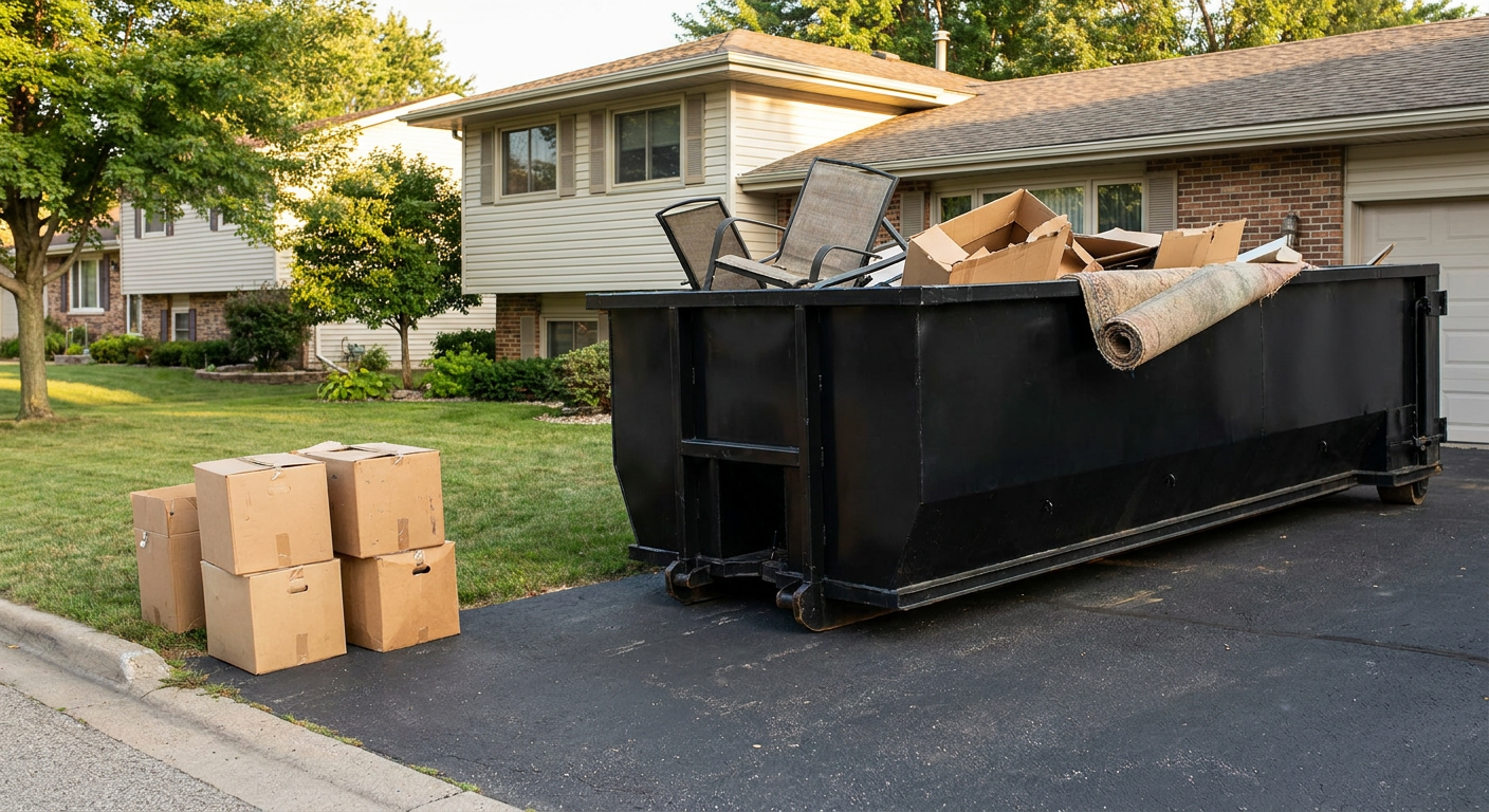 Front-yard view of a Carrollton split-level home with a 20-yard matte-black roll-off dumpster sitting directly on the asphalt driveway, a few clearly labeled donation boxes staged at the curb, calm sunny afternoon.