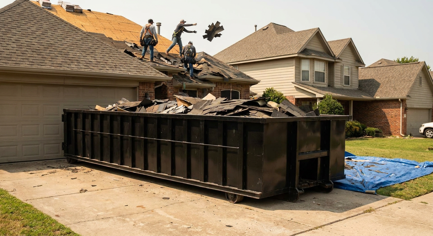 Matte-black roofing roll-off dumpster placed directly on a Carrollton residential concrete driveway, a tear-off crew on a two-story asphalt-shingle roof tossing shingle bundles into the low-walled container, bright daylight, documentary 35mm perspective.