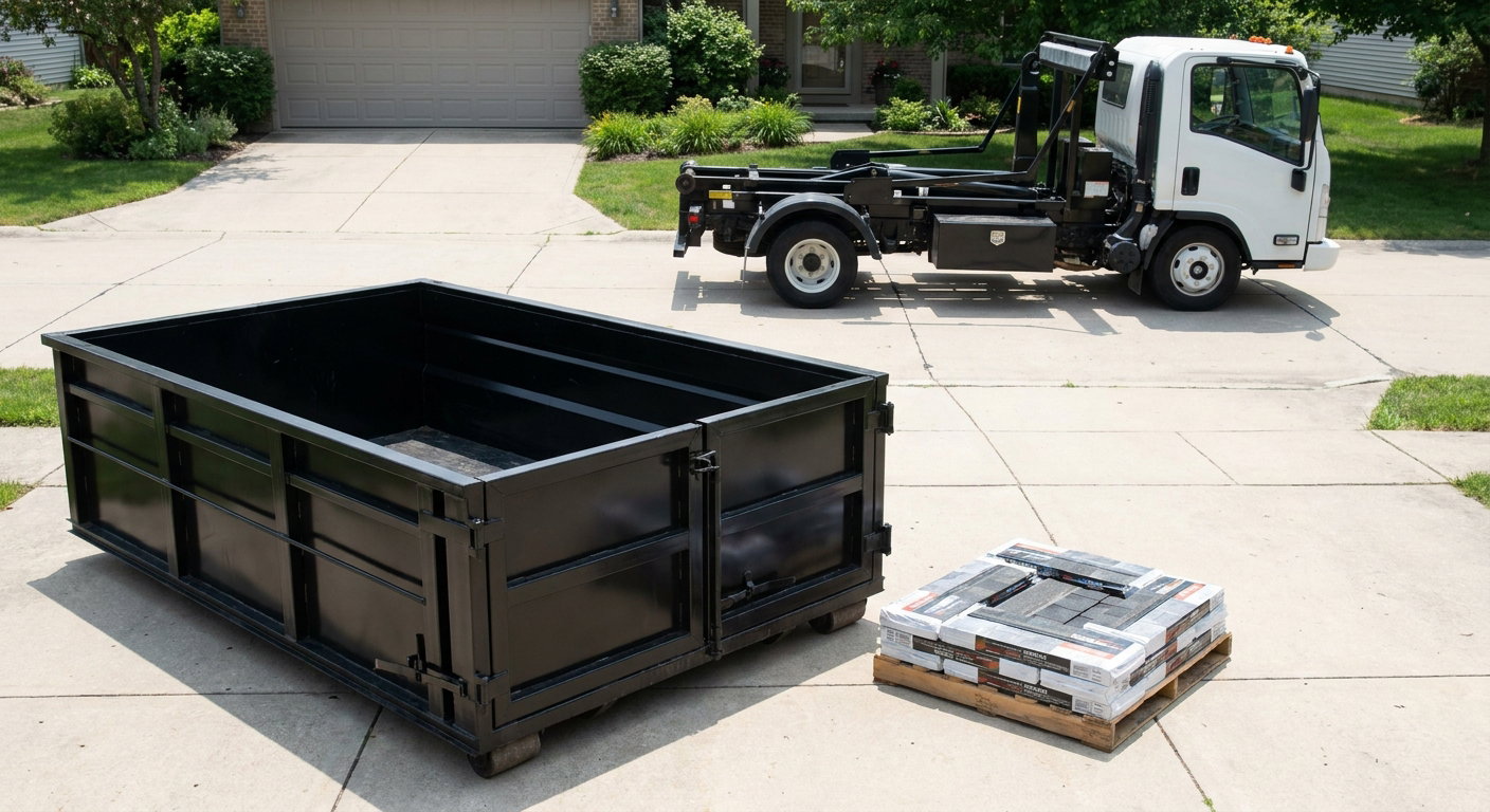 Matte-black 15-yard roofing roll-off dumpster with reinforced low side walls sitting directly on a Carrollton residential concrete driveway, three-tab asphalt shingle bundles stacked nearby, an unmarked white hauler truck partially visible at the edge of the frame.