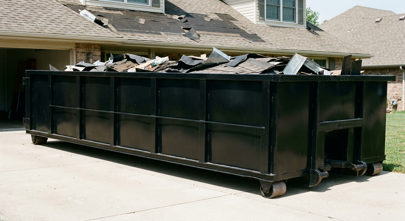 Matte-black 20-yard roofing roll-off dumpster with steel ribbed sides and swinging rear door, sitting directly on the concrete driveway of a two-story Carrollton home, asphalt shingle debris being loaded over the low wall, clean documentary lighting.