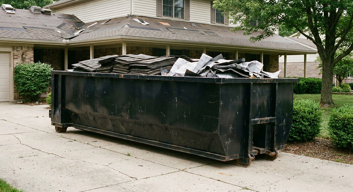Matte-black 30-yard roofing roll-off dumpster sitting directly on a Carrollton concrete driveway, taller ribbed steel side panels, mixed tear-off debris of asphalt shingles and underlayment inside, professional documentary daylight.