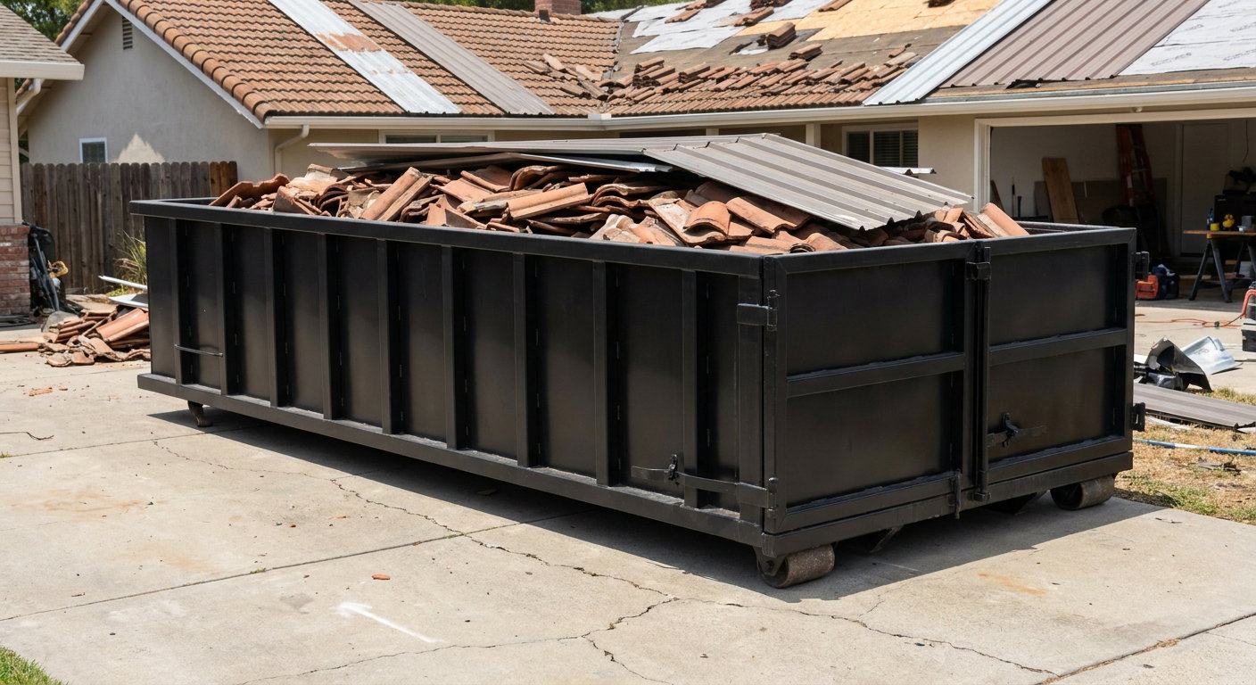 Matte-black low-wall heavy-debris roofing roll-off dumpster sitting directly on a Carrollton concrete driveway, broken concrete clay roof tiles and metal panel sections loaded inside, reinforced ribbed steel side walls visible, bright outdoor daylight.