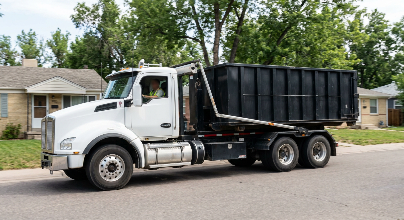 A wide documentary shot of a matte-black roll-off delivery truck pulling onto a quiet Carrollton residential street at mid-morning, with neighborhood rooftops and tree-lined blocks visible behind, showing the metro coverage footprint.