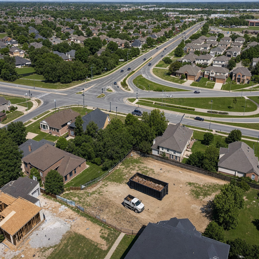 An overhead documentary view of the Carrollton metro area at midday, showing the spread of neighborhoods, arterial roads, and the dispatch radius from a central yard — clean daylight, organized geographic layout.