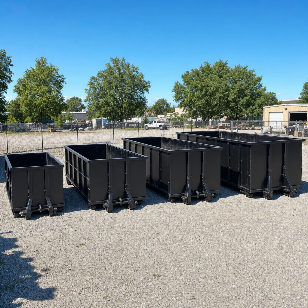 A clean lineup of matte-black roll-off dumpsters in 10, 20, 30, and 40-yard sizes staged on a sunlit gravel yard in Carrollton, showing the size progression from compact to commercial-scale containers.