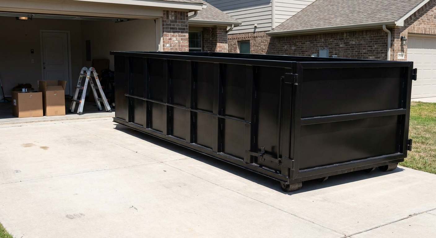 A matte-black 10-yard roll-off dumpster sitting directly on a residential Carrollton concrete driveway, mid-day sunlight, clean and ready for a garage cleanout.