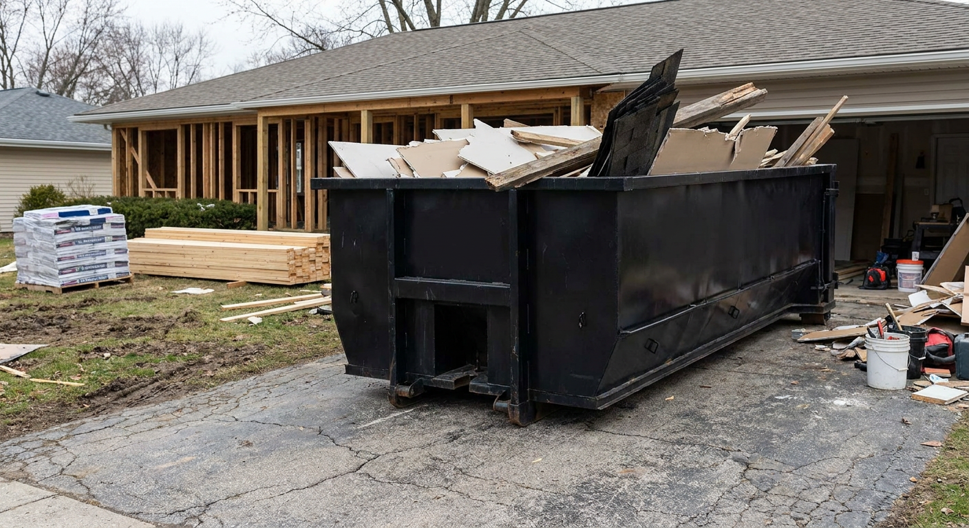 A matte-black 20-yard roll-off dumpster placed alongside a mid-renovation Carrollton home directly on the asphalt driveway, with framing materials and torn-off shingles staged neatly nearby.