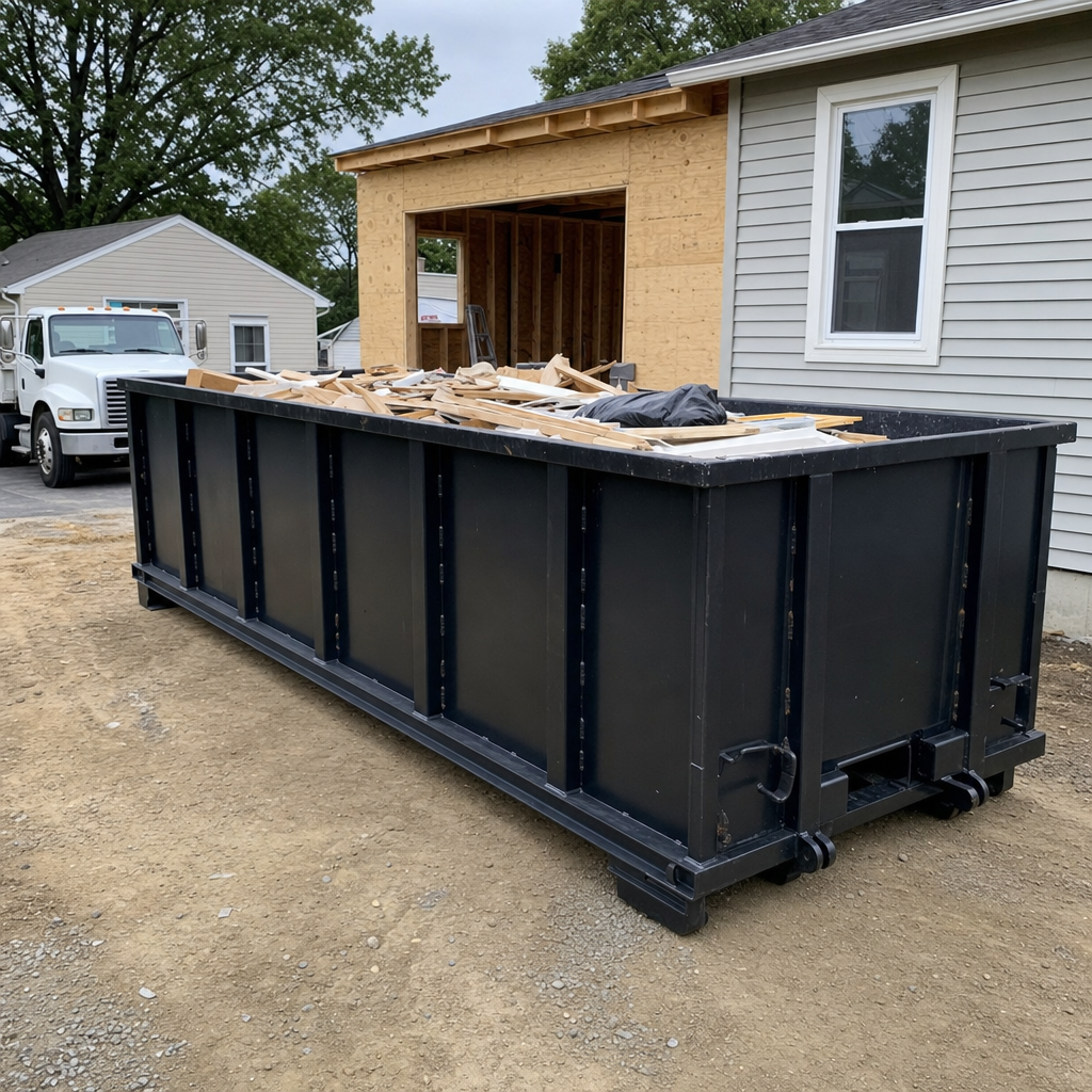 A matte-black 30-yard roll-off dumpster positioned at a Carrollton residential addition jobsite, with framing lumber and drywall scraps loaded through the open swinging rear doors.