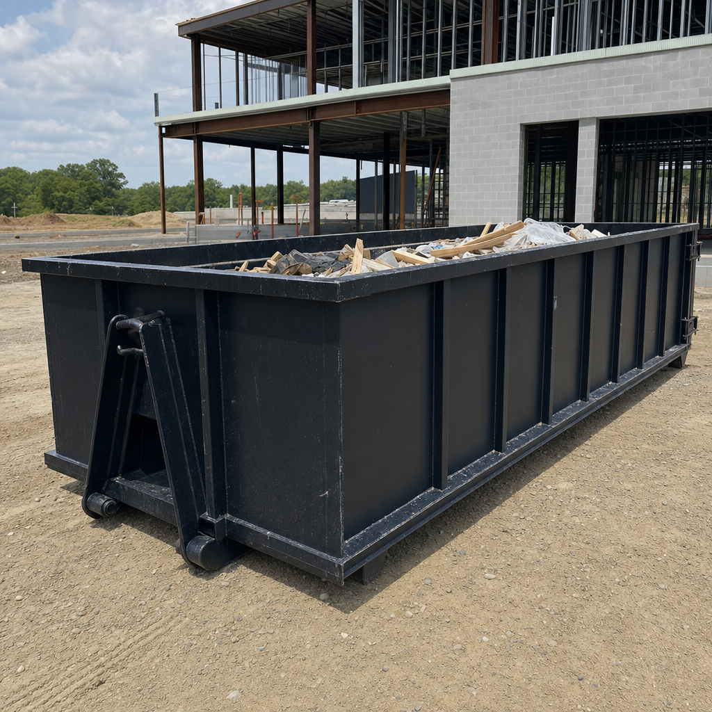 A matte-black 40-yard roll-off dumpster staged on a large Carrollton commercial construction lot, with a hooklift delivery truck parked alongside under bright midday sky.