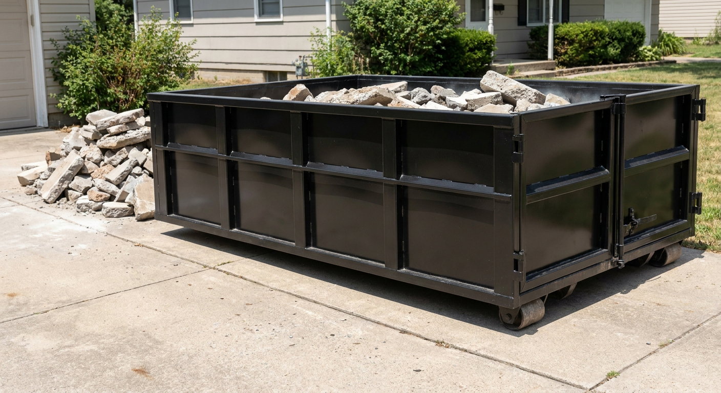 A matte-black low-side heavy-debris roll-off dumpster placed directly on a Carrollton concrete driveway, with broken concrete chunks neatly stacked beside it under clean daylight.
